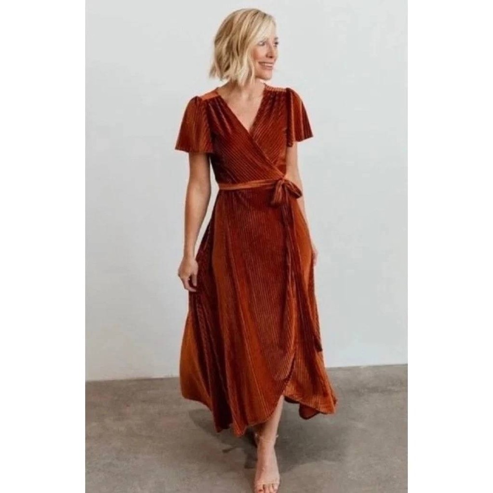 Baltic Born Andi Dress M Burnt Orange Rust Ribbed Velvet Wrap Maxi Earthy Boho
